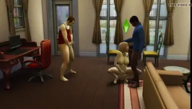 Толстый куколд дрочит член, пока его жену трахает негр из Sims