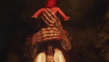 Чудовище насаживает жопу пленницы на огромный хуй в пещере