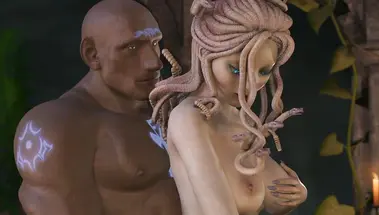 Горгона Медуза сосёт каменный хуй, сидя пиздой на лице рыжухи с завязанными глазами