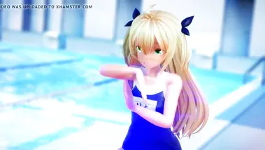 Зеленоглазая пловчиха танцует и снимает купальник в бассейне в хентай анимации