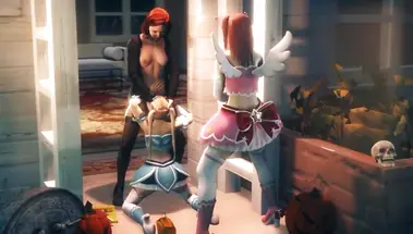 Гермафродит грубо ебет рот феи на глазах её мастурбирующей подружки