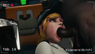 Девушка охранник Ванесса из видеоигры соснула черный член толстяка перед еблей